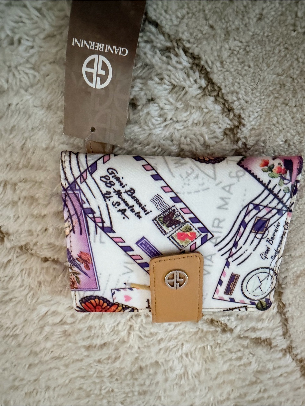 Giani Bernini White Wallet with Purple & Pink Print and Tan Snap
